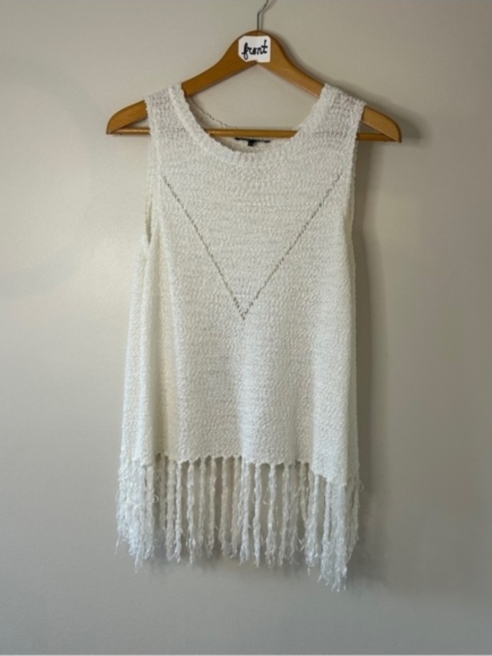 🤍 Miss Me Boho Creamy White Fringe Knit Sleeveless Top M